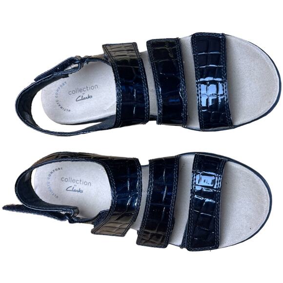 Clarks Leisa Melinds Sandals Size 5.5 Black Croc Hook & Loop Straps Comfort - Picture 3 of 9